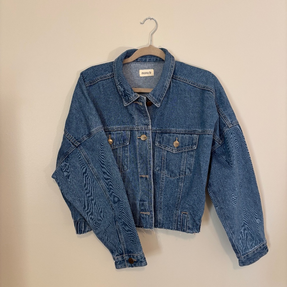 Mono B crop Jean jacket with raw edge front, elastic waist back